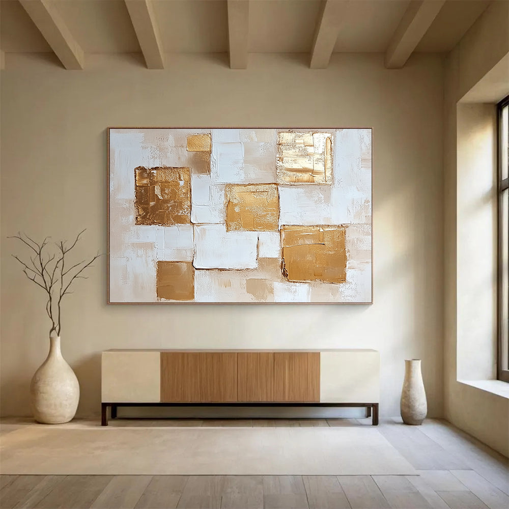 “Golden Squares” - Beige, White, Gold with Geometric Squares - Abstract Acrylic Painting HB1338