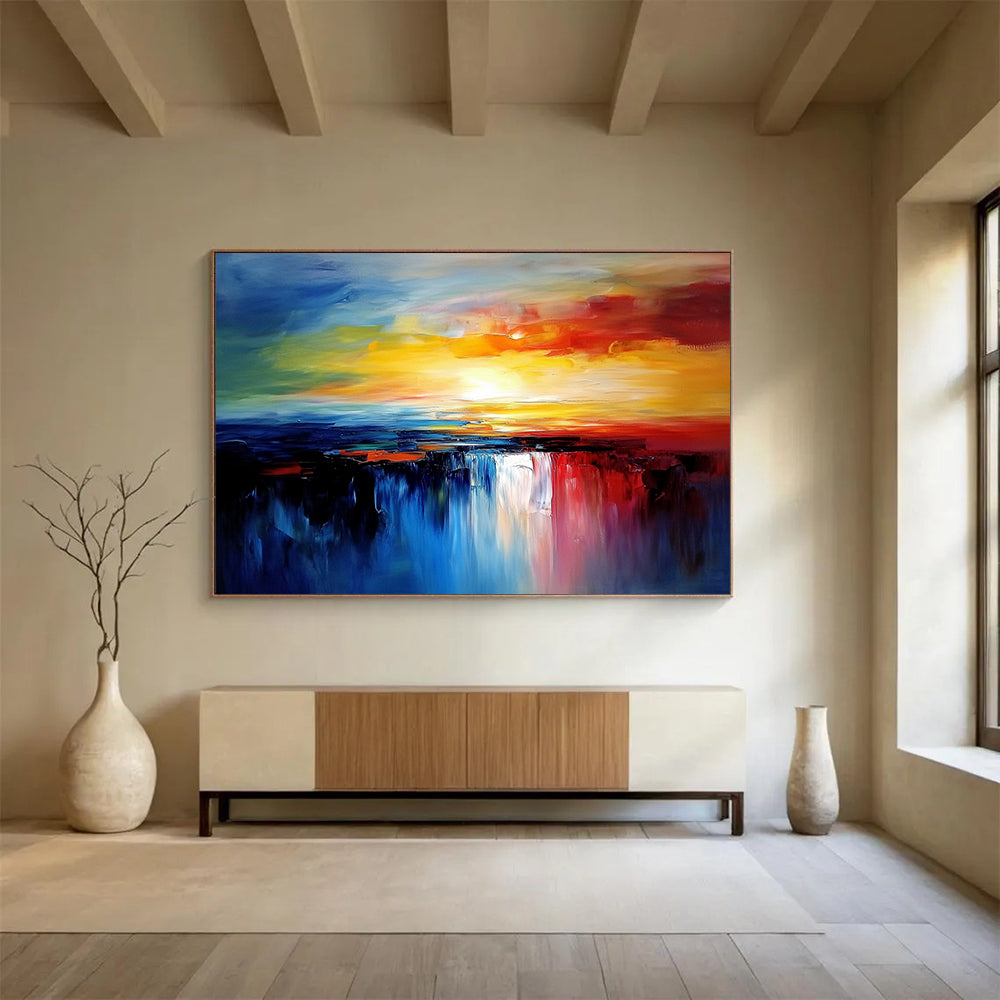 Vibrant Sunset Waterfall - Colorful Abstract Landscape Painting On Canvas HB0431