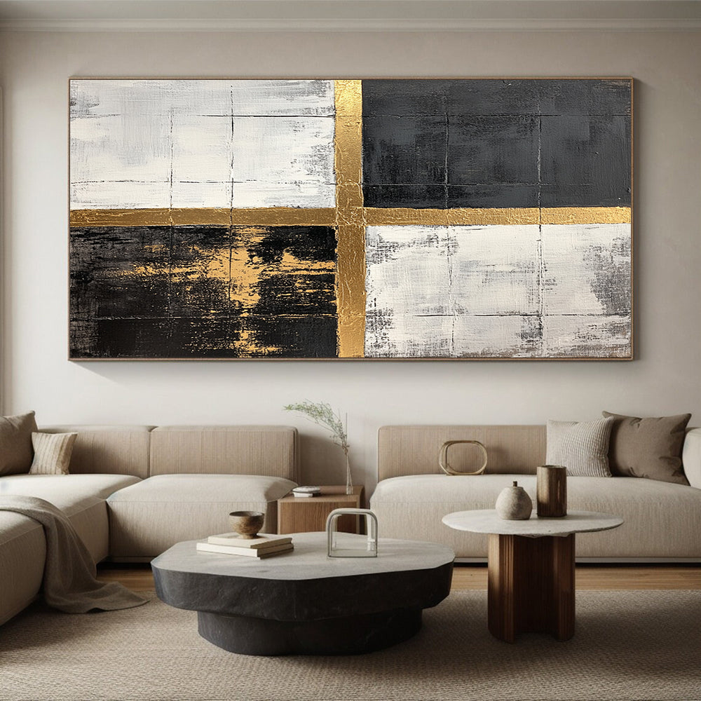 Black, White, Gold, Grid - Crossed Squares "Gilded Grid Intersection" Abstract Geometric Painting On Canvas HB161