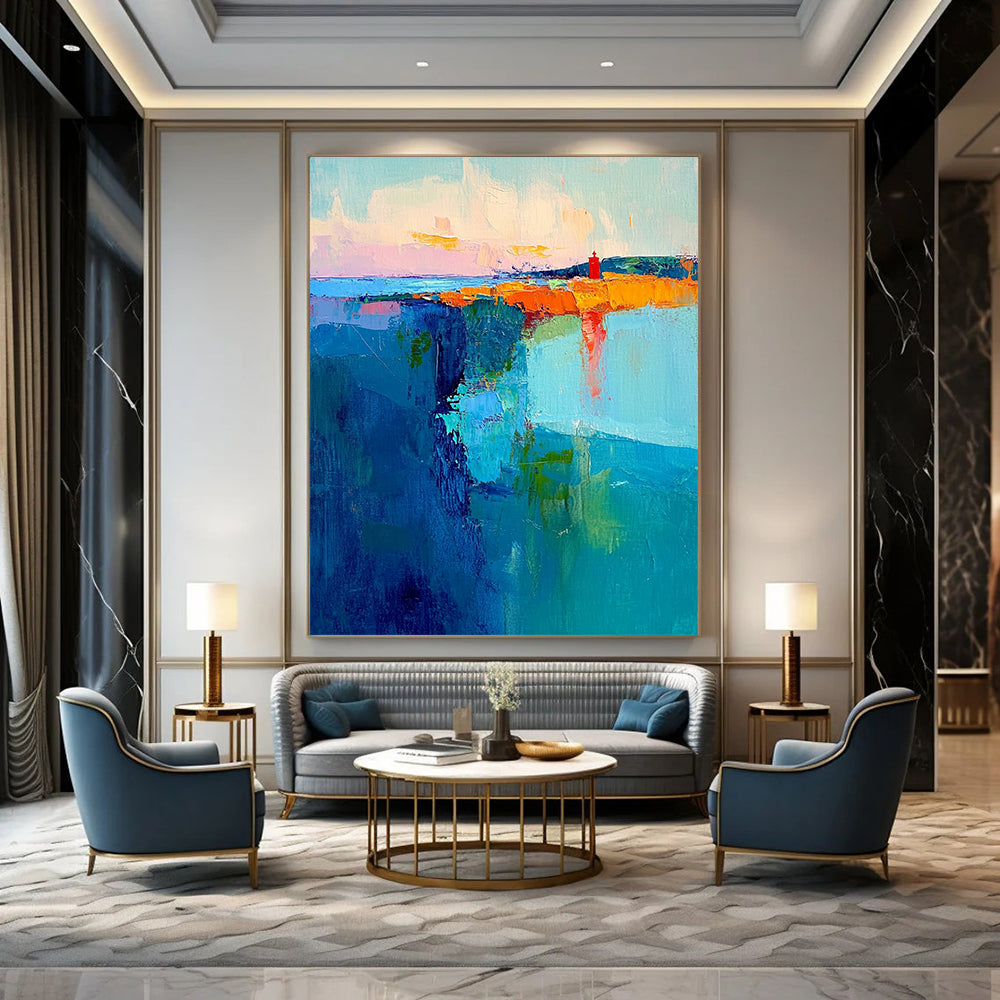 Contemporary abstract canvas showcases swirling teal and blue brushstrokes with a pastel sky and a striking red lighthouse embodying energy and tranquility. DLZ0363
