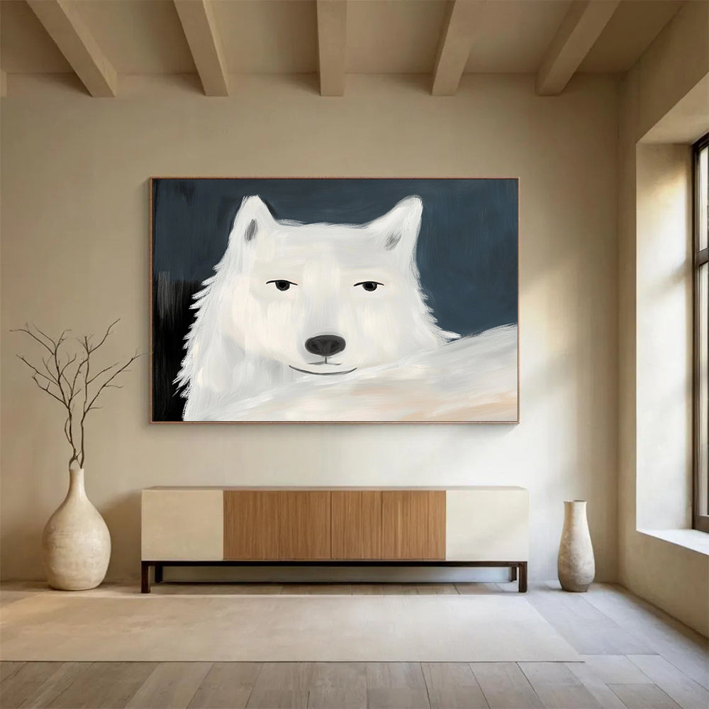 “Charming White Wolf Portrait” - White, Gray, Blue, Animal Portrait Painting On Canvas HB0775