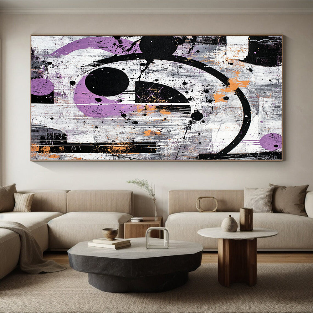 Gray, Purple, Orange, Black, Circular Chaos "Industrial Cosmos" Abstract Expressionist Painting On Canvas HB088