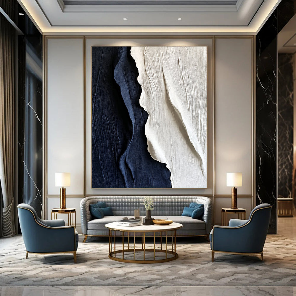 Contemporary hand-painted abstract artwork features textured white and navy blue silk, elegantly draping to create a striking visual impact on any wall. DLZ1250