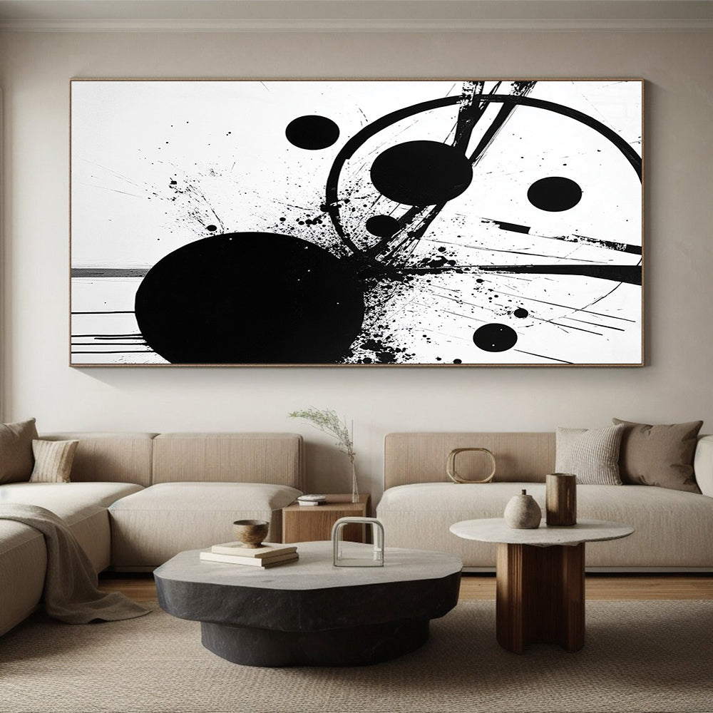 Black Circle, Dots & Lines - “Structured Ink Chaos” Painting On Canvas HB237