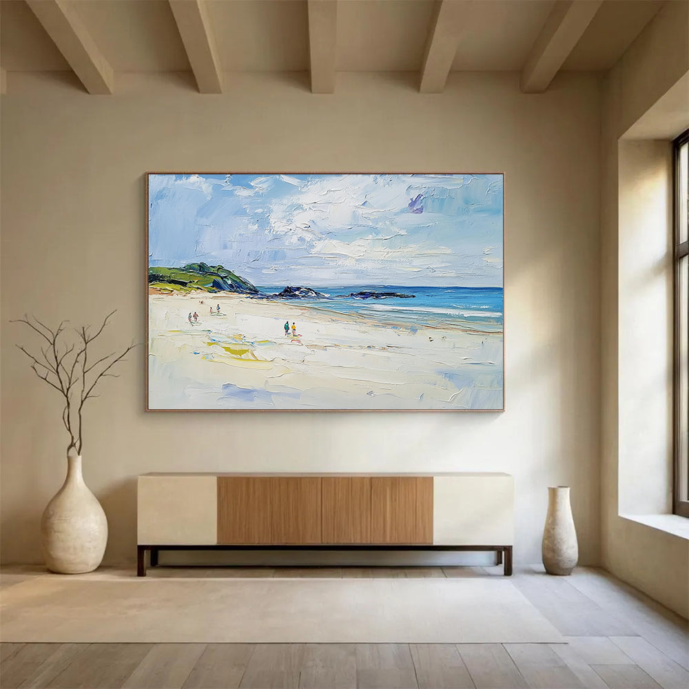 “Vibrant Beach Scene” - Blue, Green, White, Impasto Beach Painting On Canvas HB1009