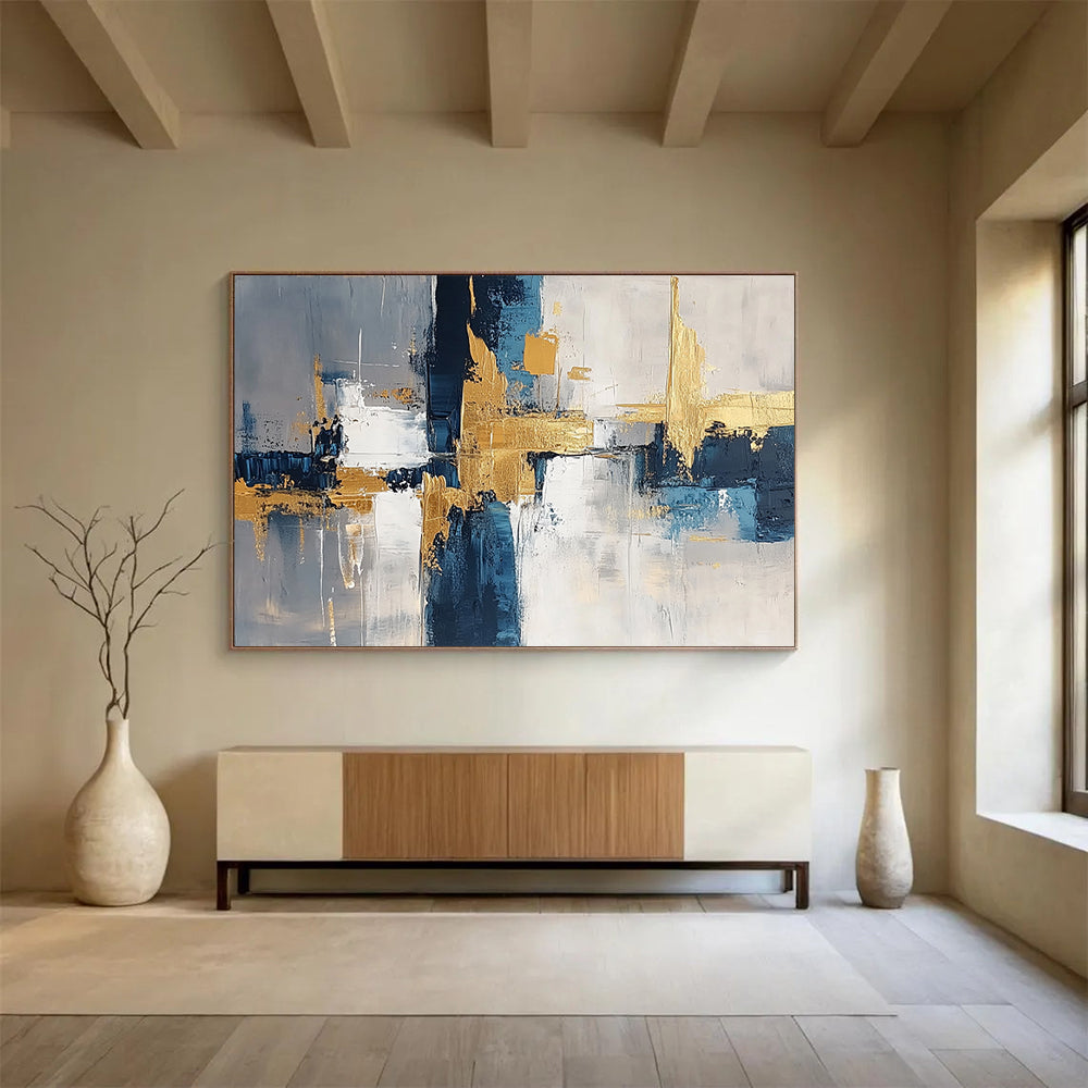 “Geometric Gold - Blue - Gray Abstract” - Gold, Blue, Gray, White, Geometric Forms Painting On Canvas HB0820