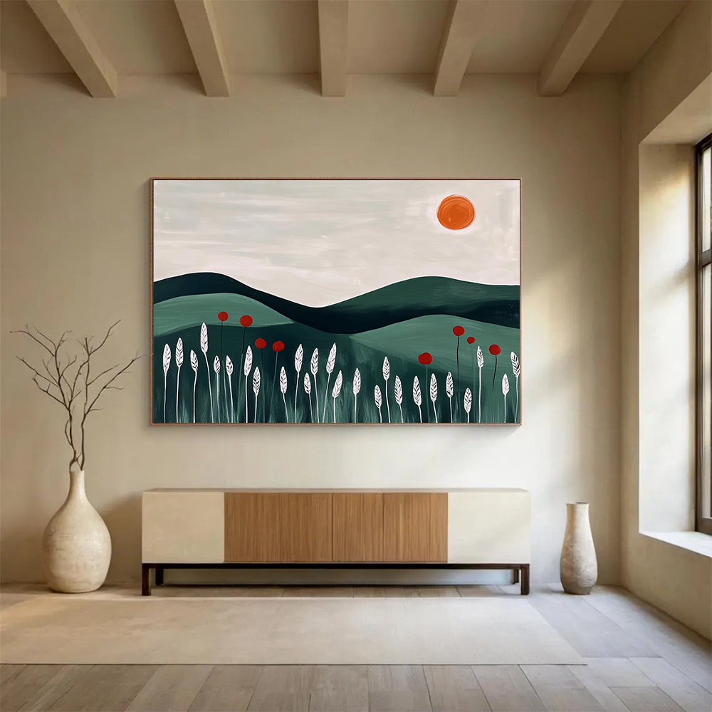 “Minimalist Green Hills” - Blocky green hills, white plants, and an orange sun, Minimalist Landscape Painting On Canvas HB0547