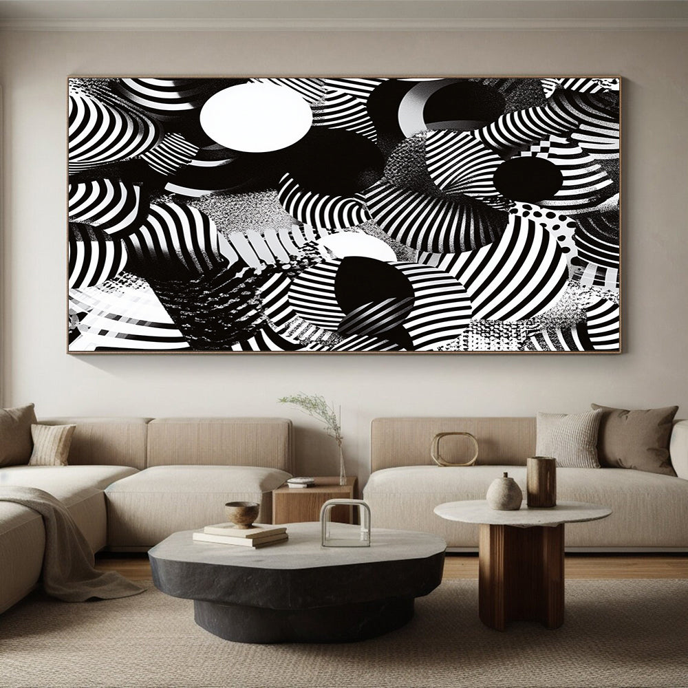 Black, White, Striped Spheres "Optical Illusion Spheres" Abstract Op - Art Painting On Canvas HB174