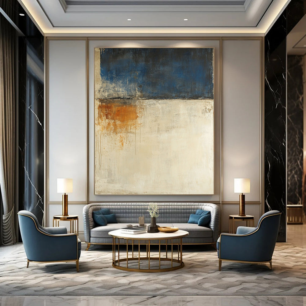 Contemporary abstract painting features a beige and blue palette large brush strokes and moody landscape with earthy tones and white spaces. DLZ0695