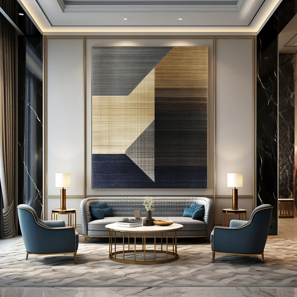 Contemporary abstract artwork with geometric shapes in earthy tones featuring soft browns and greys contrasted with dark navy and delicate line-drawn squares. DLZ1453