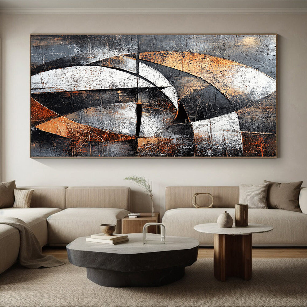 Gray, Black, White, Brown, Geometric Arcs "Industrial Rhythm" Abstract Cubist - Inspired Painting On Canvas HB061