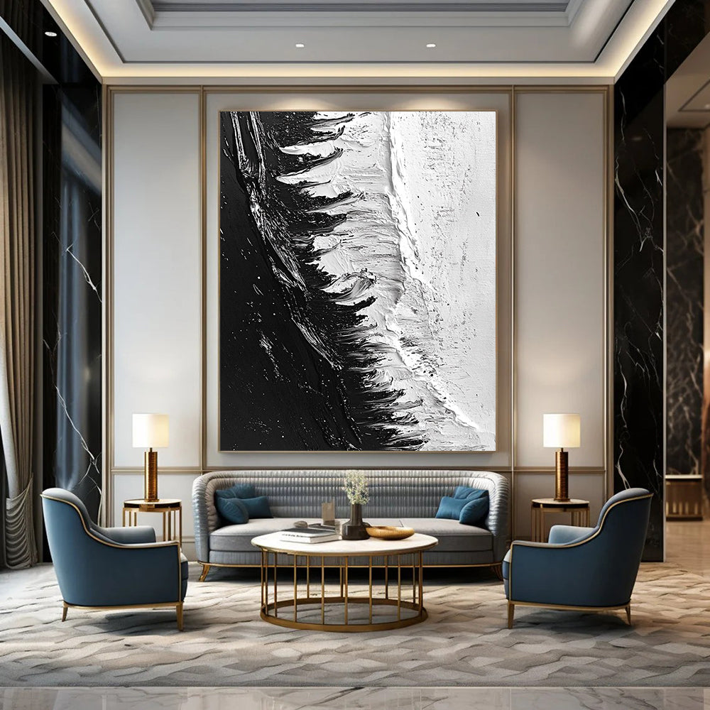 Contemporary abstract painting featuring dynamic black and white ice shelf with heavy brush strokes and a photorealistic oil finish. DLZ0307