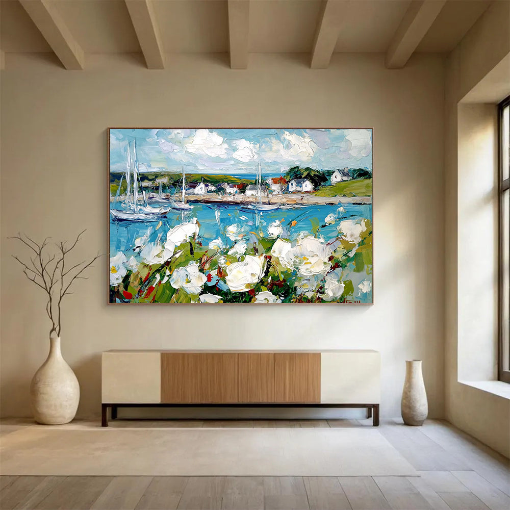 Blue, White, Green and Yellow Coastal Harbor with Flowers "Harbor Blooms" Painting On Canvas HB0666