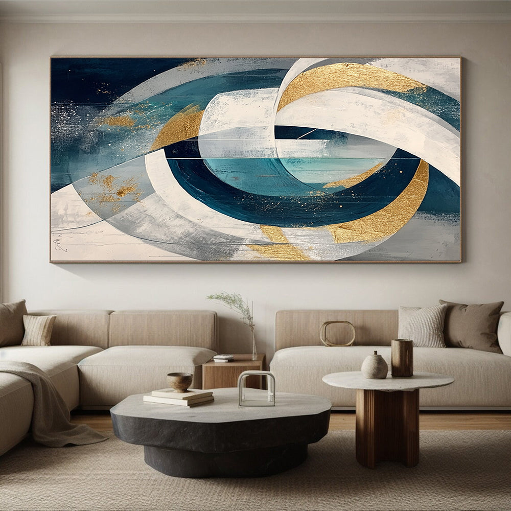 Teal, White, Gray and Gold Intertwined Circles "Celestial Loops" Painting On Canvas HB320