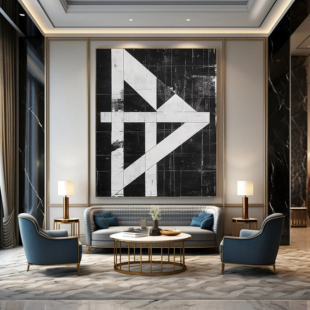 Contemporary hand-painted abstract artwork featuring a high-contrast black and white design with an "H" shape and textured risograph print on canvas. DLZ1140