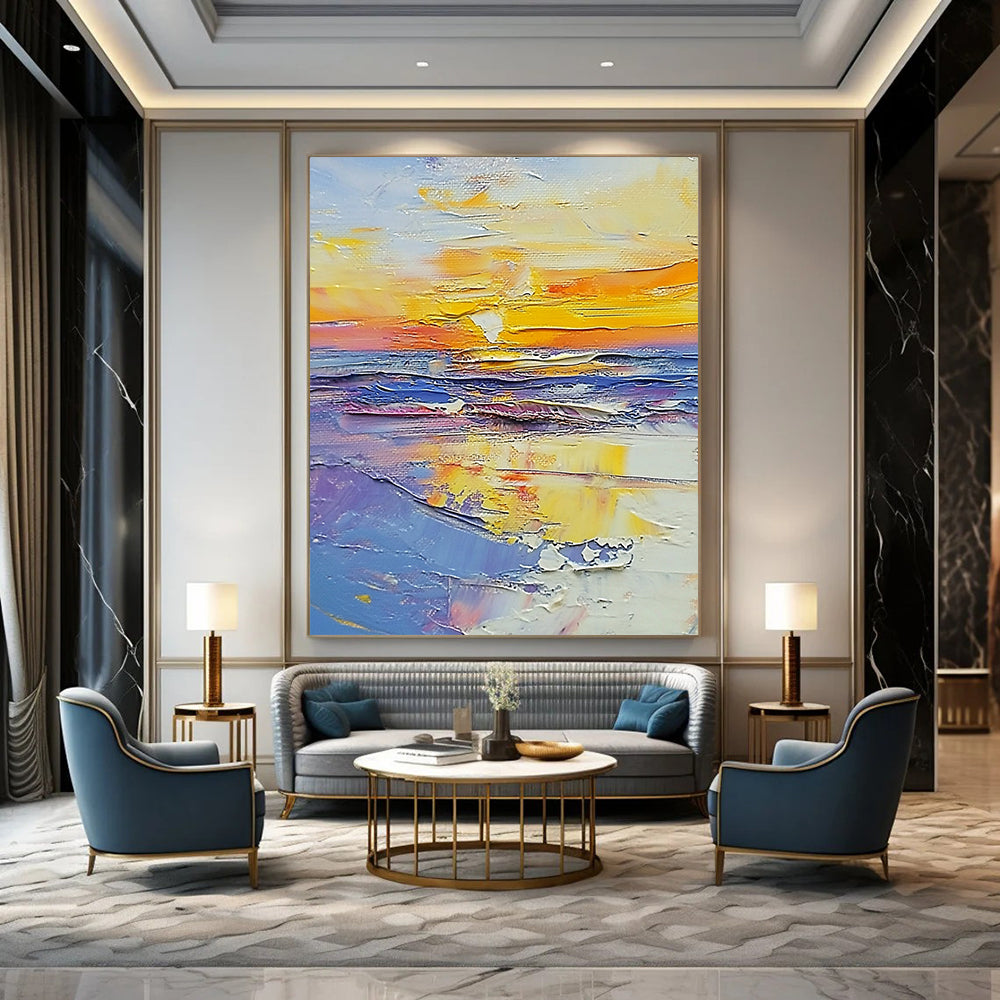 Contemporary large abstract painting showcasing vibrant sunset beach colors in white, blue, yellow, purple, light orange, and pink with palette knife technique. DLZ0647