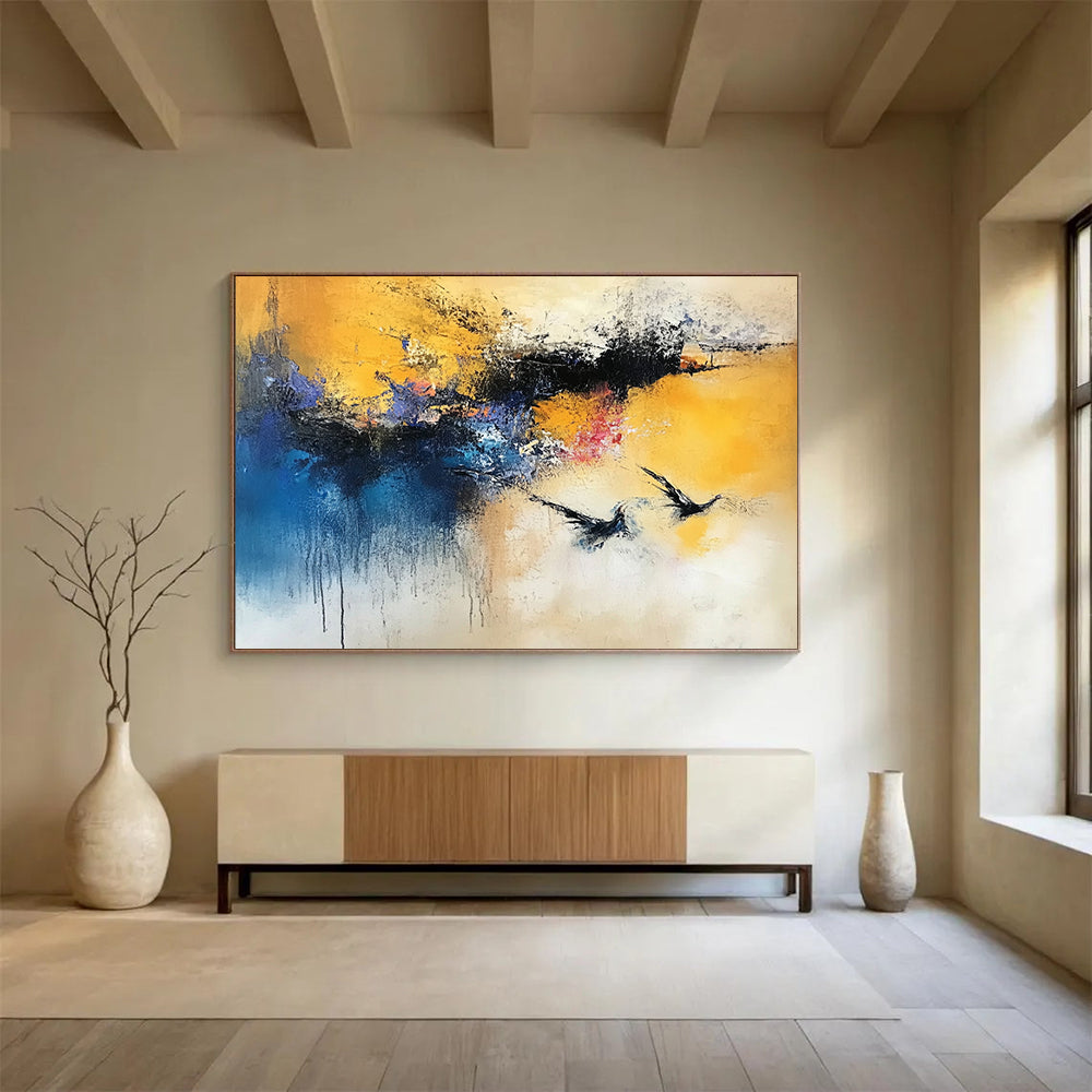 “Yellow Blue Purple Abstract Birds” - Yellow, blue, purple, red, white; Abstract with flying birds HB1293