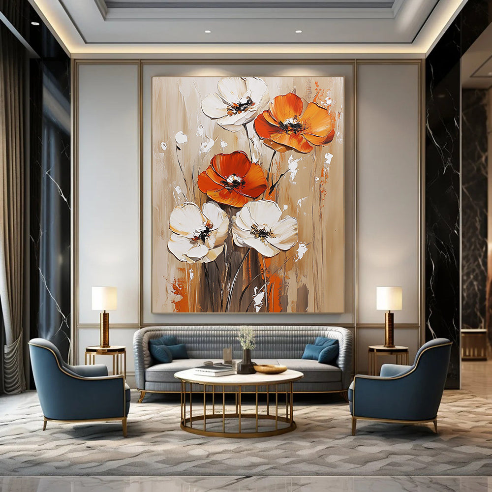 Contemporary hand-painted abstract artwork featuring vibrant orange and white flowers on a light brown background with rich accents in dark red and gold. DLZ0631