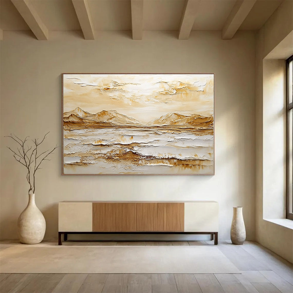 Neutral - Toned Textured Mountainscape - Minimalist Impasto Landscape Painting On Canvas HB0439