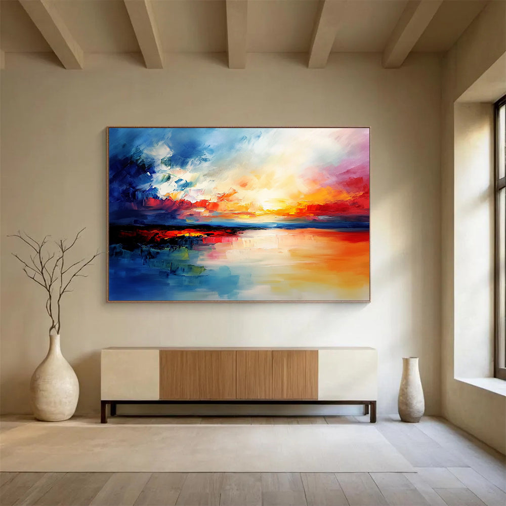 “Vibrant Sunset Sky” - Blue, Red, Orange, Fiery Skies and Reflective Water Painting On Canvas HB0928