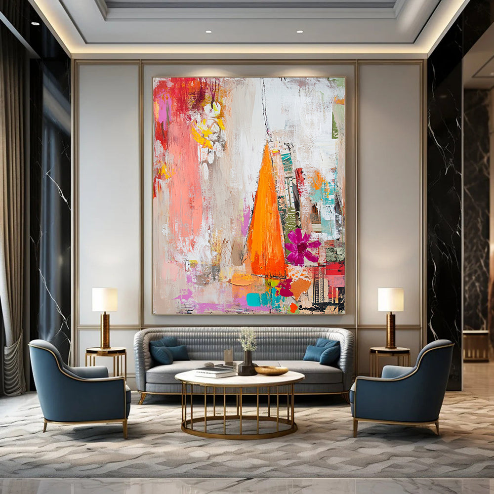 Contemporary abstract painting featuring textured brushstrokes of white reds pinks oranges and yellows with a dreamy collage of floral magazine clippings. DLZ1274