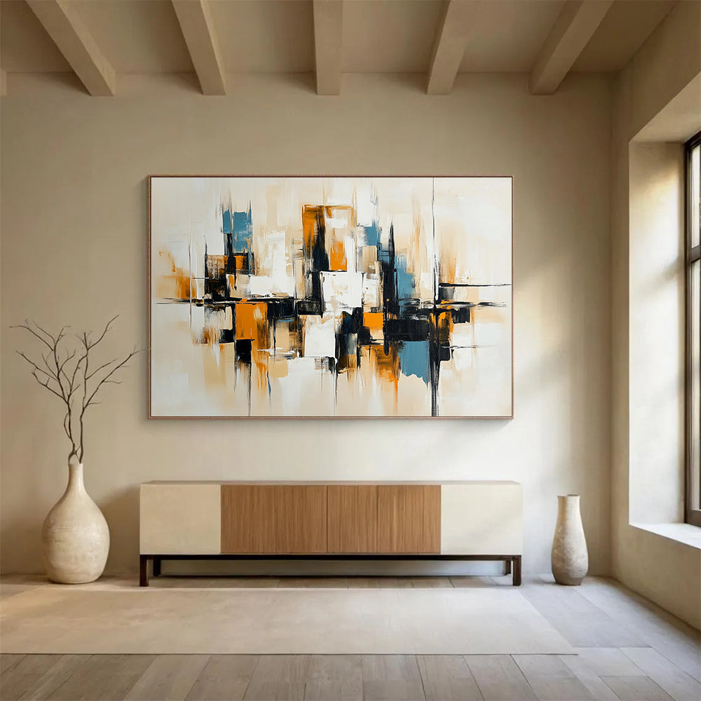 “Neutral Urban Abstraction” - Beige, Black, White, Abstract Minimalist Cityscape Painting On Canvas HB1081