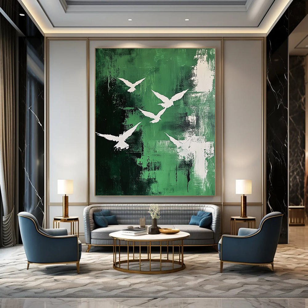 Contemporary abstract painting featuring white birds in an emerald sky with dynamic brushstrokes and textured expressions on canvas. DLZ0669
