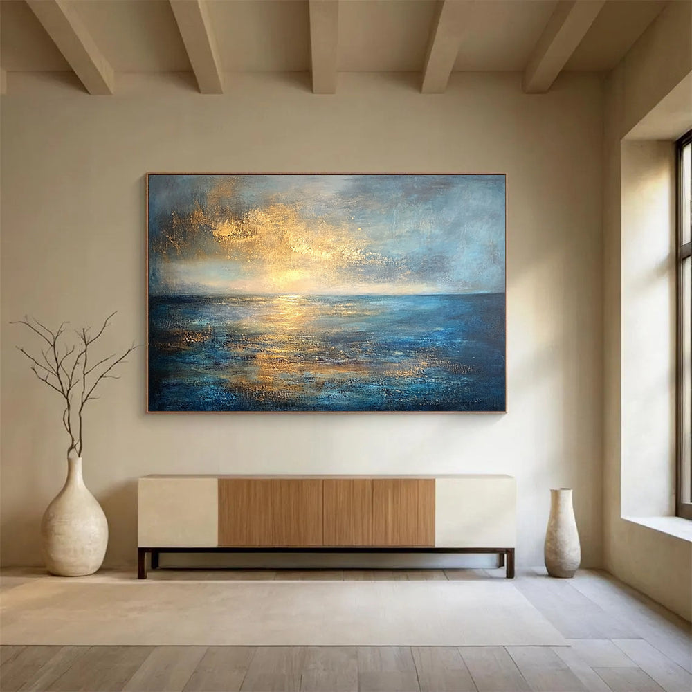“Golden Sunset Seascape” - Gold, blue, gray; Abstract sunset over the sea; Textured Oil Painting On Canvas HB1188