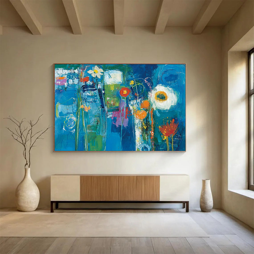 “Blue Floral Fantasy” - Deep blues, greens, oranges, whites; Abstract flowers in a vibrant blue dream; Expressionistic Acrylic Painting On Canvas HB1182