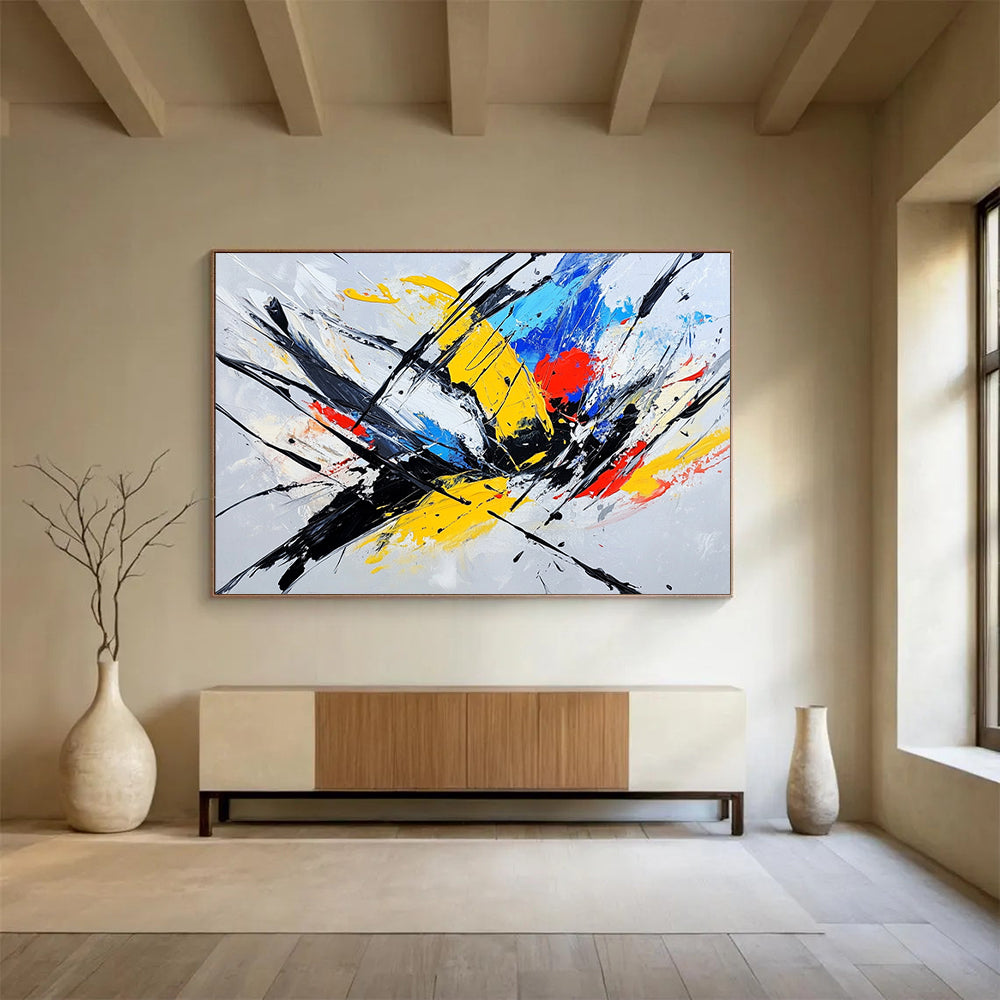 “Dynamic Color Splashes and Black Strokes” - Yellow, blue, red, black, white; Energetic color splashes with bold black strokes; Expressive Acrylic Painting On Canvas HB1201