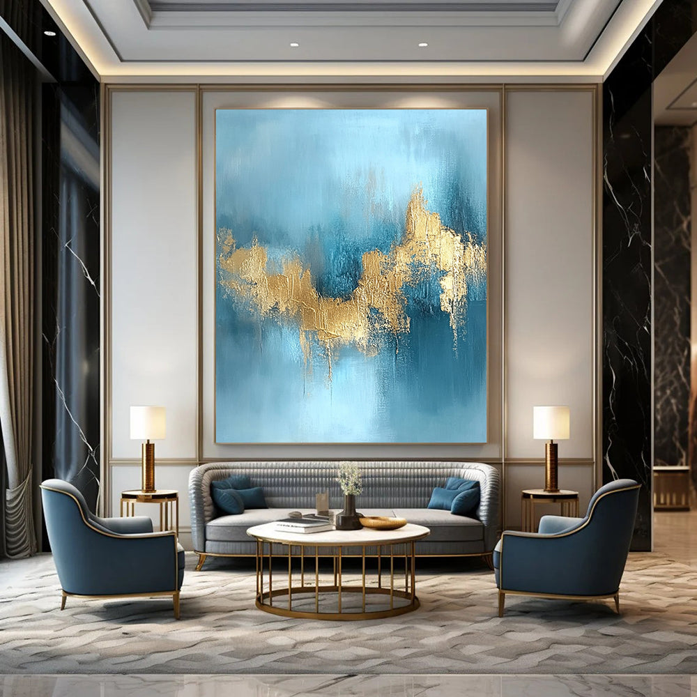Contemporary hand-painted abstract art featuring a serene water and sky blue backdrop adorned with stunning gold foil textures. DLZ0723