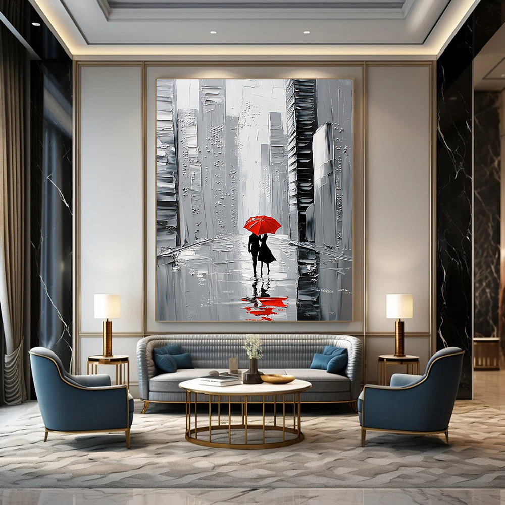 Contemporary abstract painting featuring a white skyline with black skyscrapers a couple walking under a red umbrella on a reflective wet street. DLZ1652