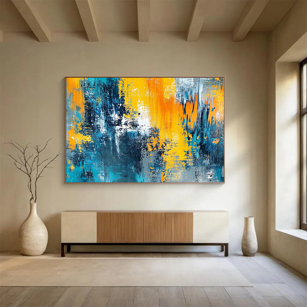 “Blue and Yellow Abstract Layers” - Blue, Yellow, Layered Textures Painting On Canvas HB0870