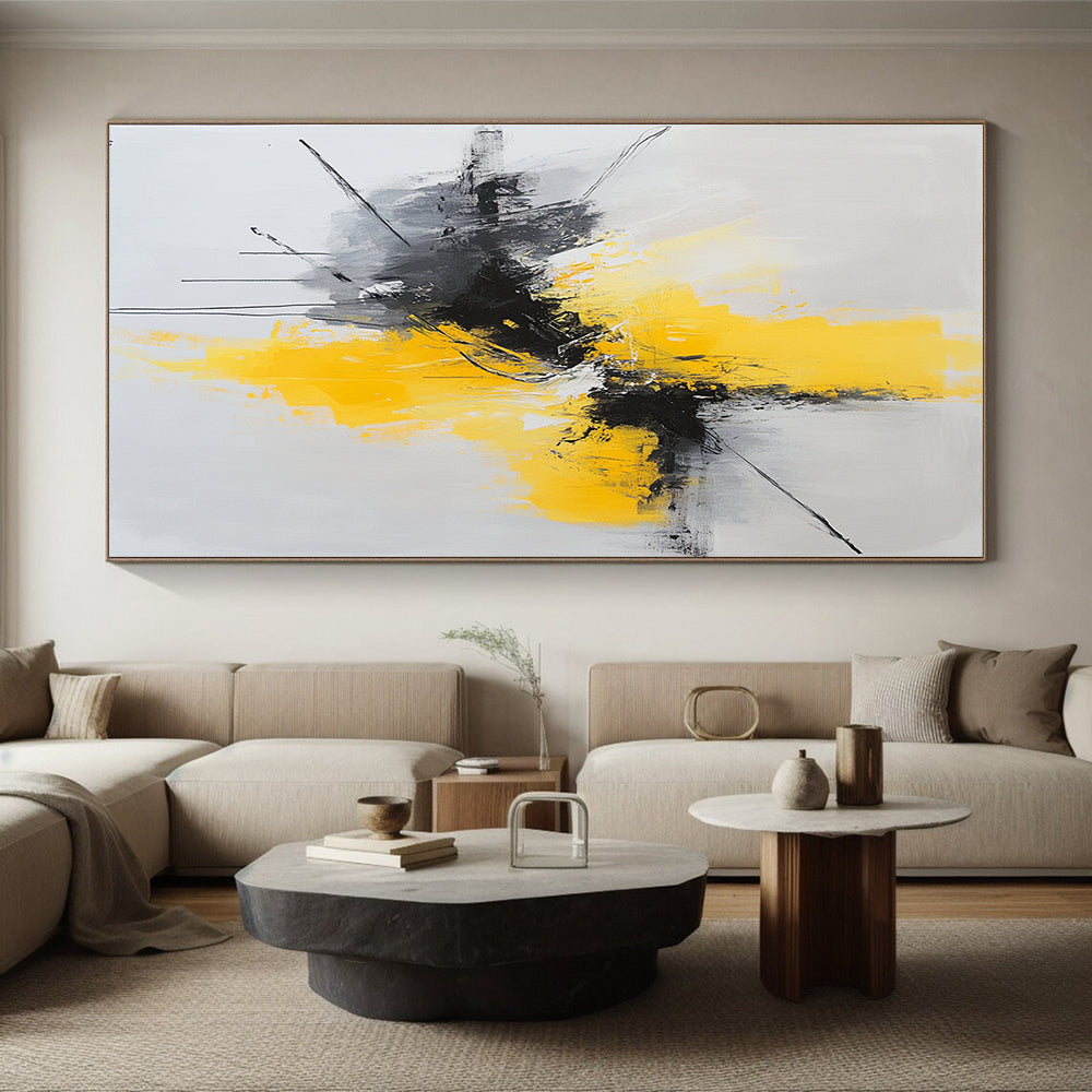 Gray, Yellow, Black, Dynamic Strokes "Vivid Surge" Abstract Expressionist Painting On Canvas HB051