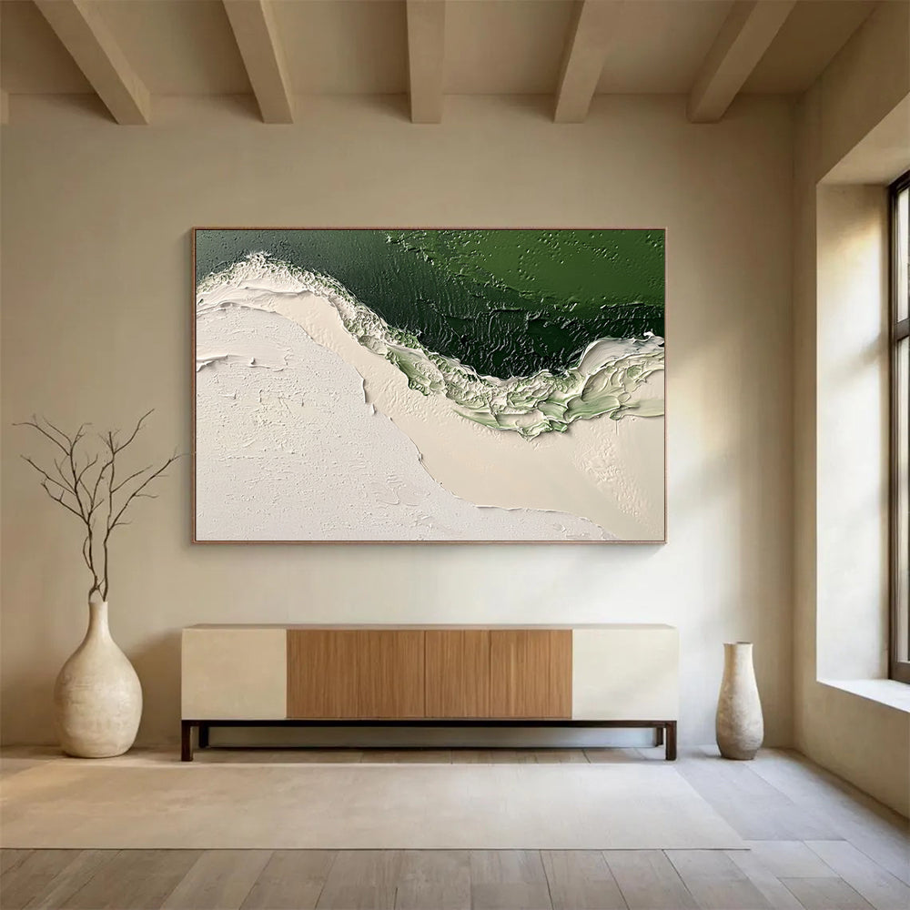 “Textured Green and White Abstract” - Green, White, Thick Textures Painting On Canvas HB0890