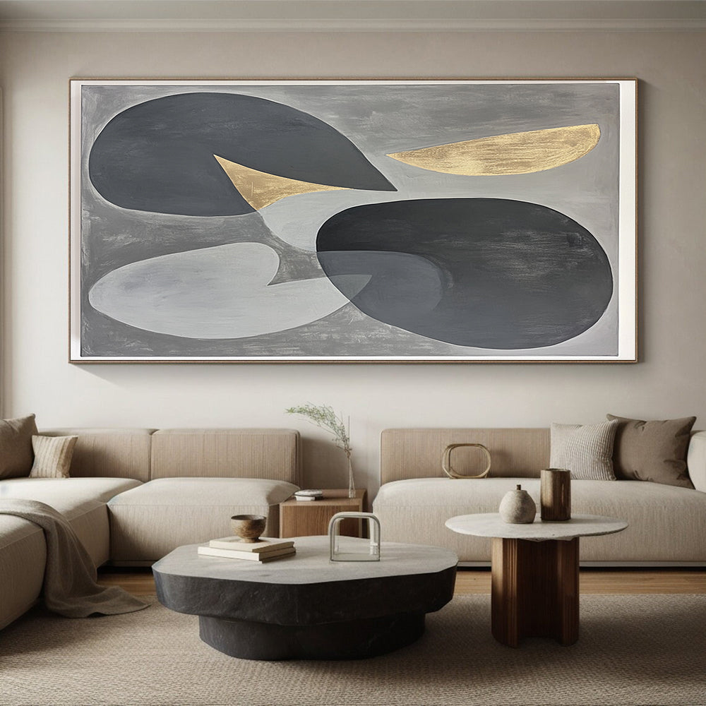 Gray, Black, Gold and Silver Geometric Abstraction "Energetic Geometry" Painting On Canvas HB399