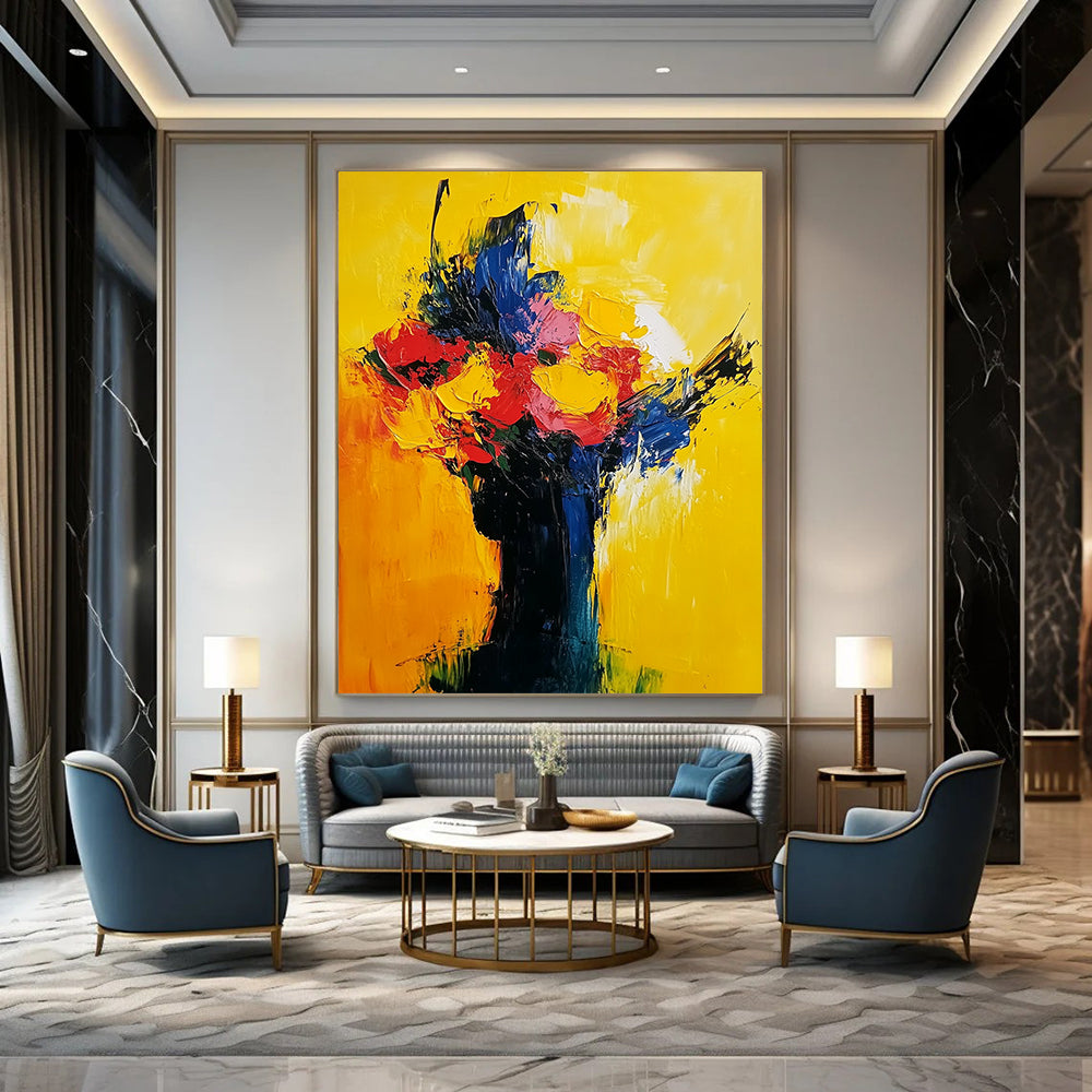Contemporary abstract painting in vibrant yellow red and blue showcasing expressive flowers and a sunrise with visible brush strokes on oil canvas. DLZ0542