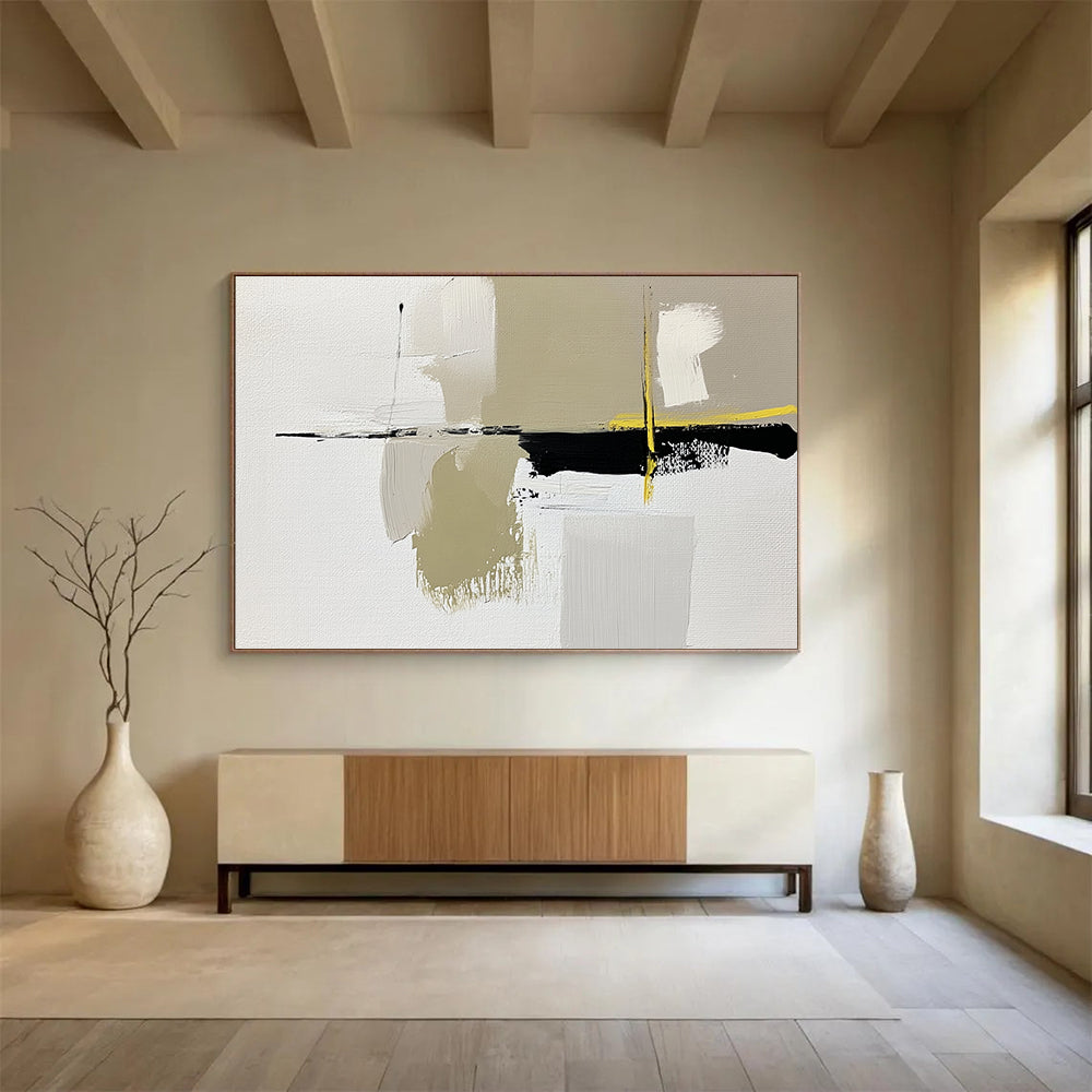 “Abstract Minimalist Shapes” - White, Beige, Black, Yellow, Geometric Abstract Painting On Canvas HB0958