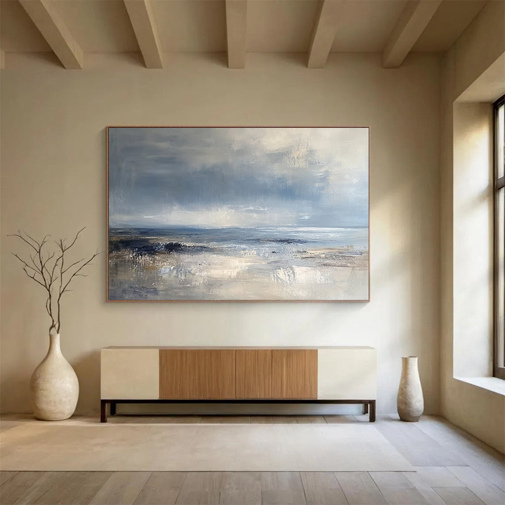 “Textured Coastal View” - Blue, Gray, Beige, Layered Seascapes and Dynamic Skies Painting On Canvas HB0921
