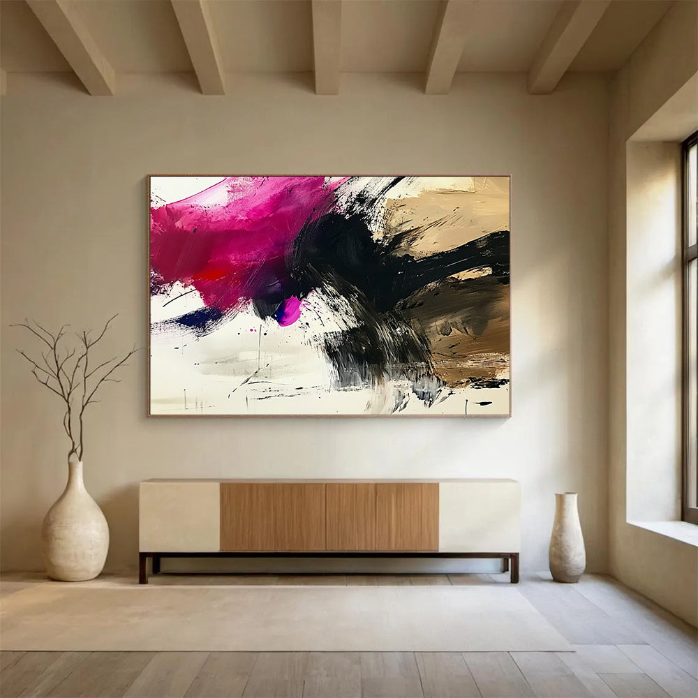 “Vibrant Abstract Splashes” - Pink, Black, Purple, Dynamic Abstract Splashes Painting On Canvas HB0970