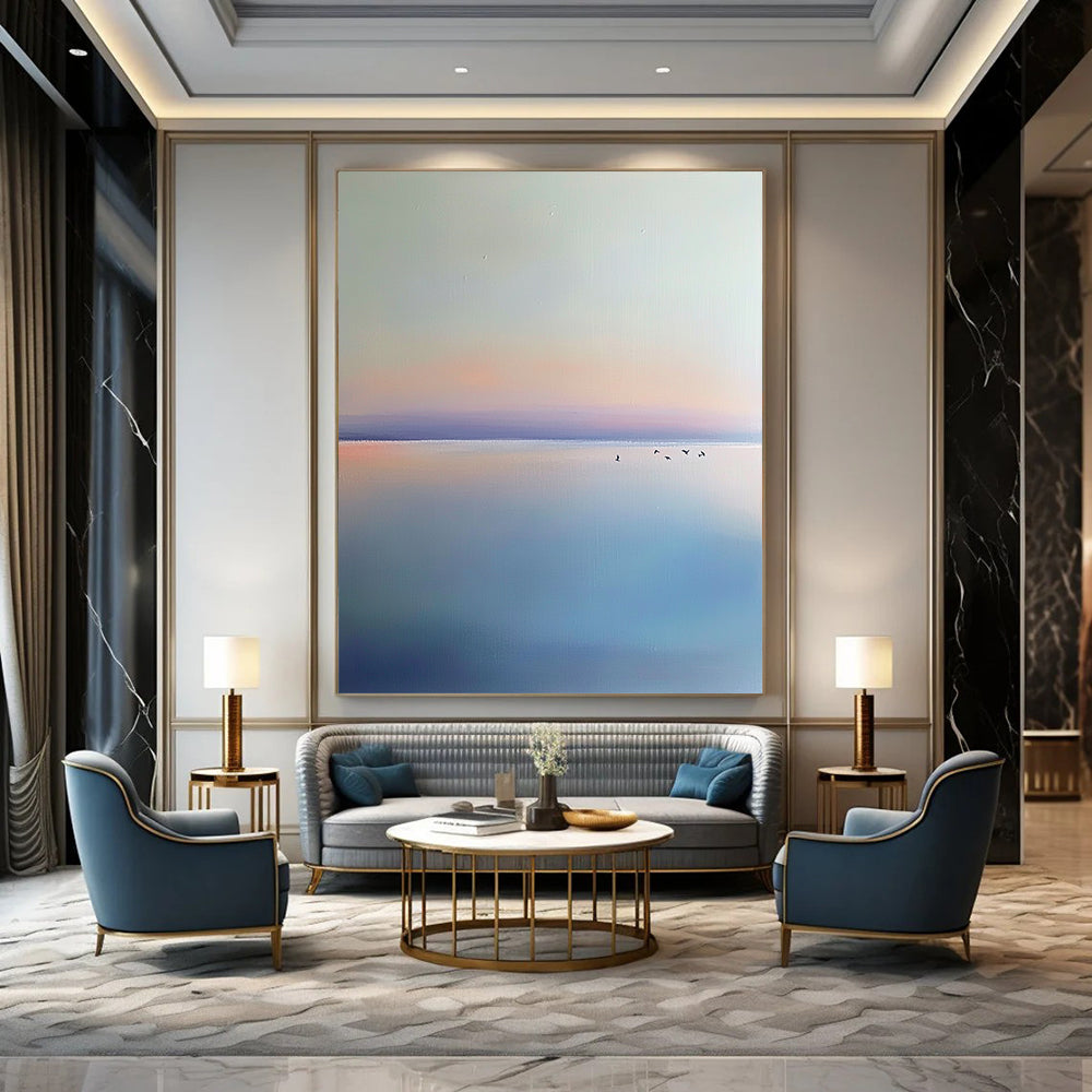 Contemporary hand-painted abstract artwork featuring a light blue and purple sky, birds, calm horizon, and serene beach in a minimalist style. DLZ0648