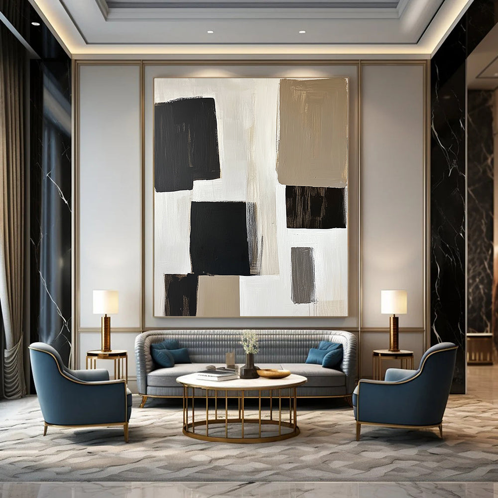 Contemporary abstract artwork featuring large white blocks and stylish black squares, minimalist design with neutral tones for an elegant touch. DLZ0547
