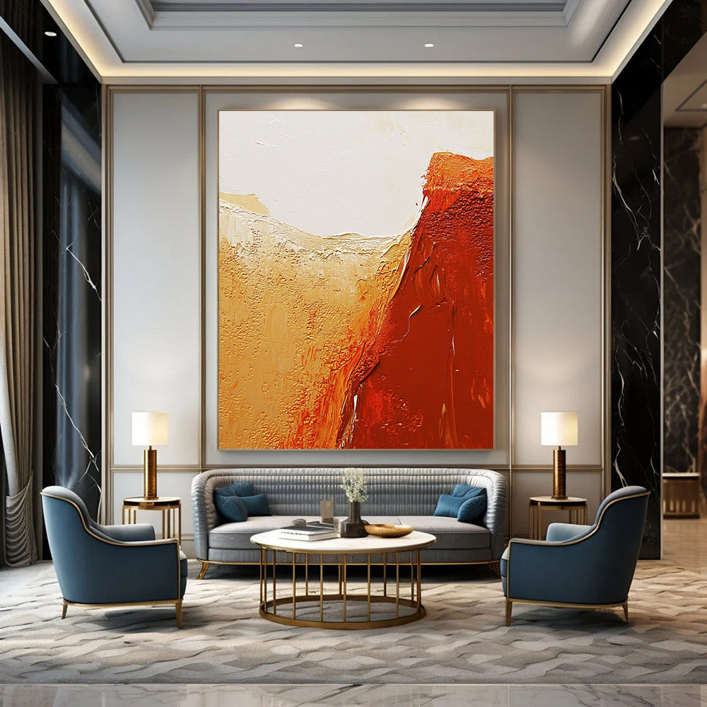 Contemporary abstract painting featuring textured red rock canyons and a serene white sky in warm orange and brown tones. DLZ1482