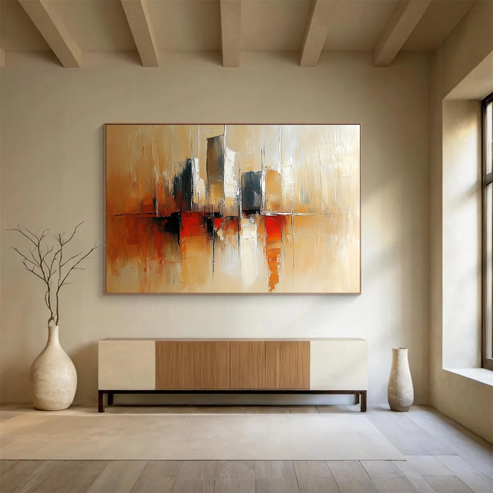 “City Silhouette in Warm Tones” - Beige, Brown, Red, Abstract Cityscape Painting On Canvas HB0966