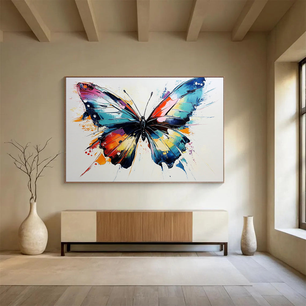 “Rainbow - Hued Butterfly” - Bright Pink, Blue, Yellow, Orange, Textured Butterfly Abstract Painting On Canvas HB0984