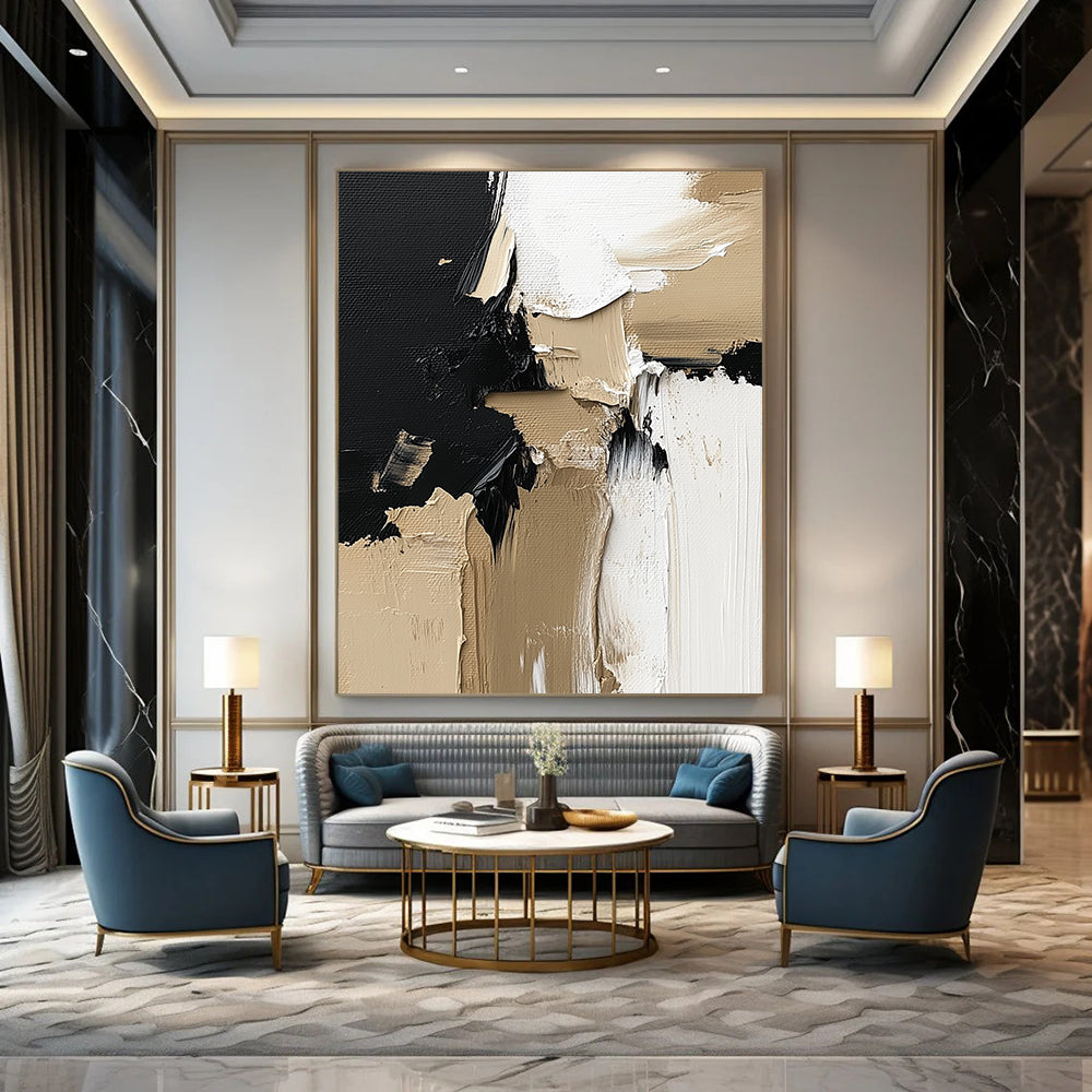 Contemporary hand-painted abstract artwork featuring a striking blend of black, white, and beige textures perfect for enhancing wall aesthetics. DLZ0321