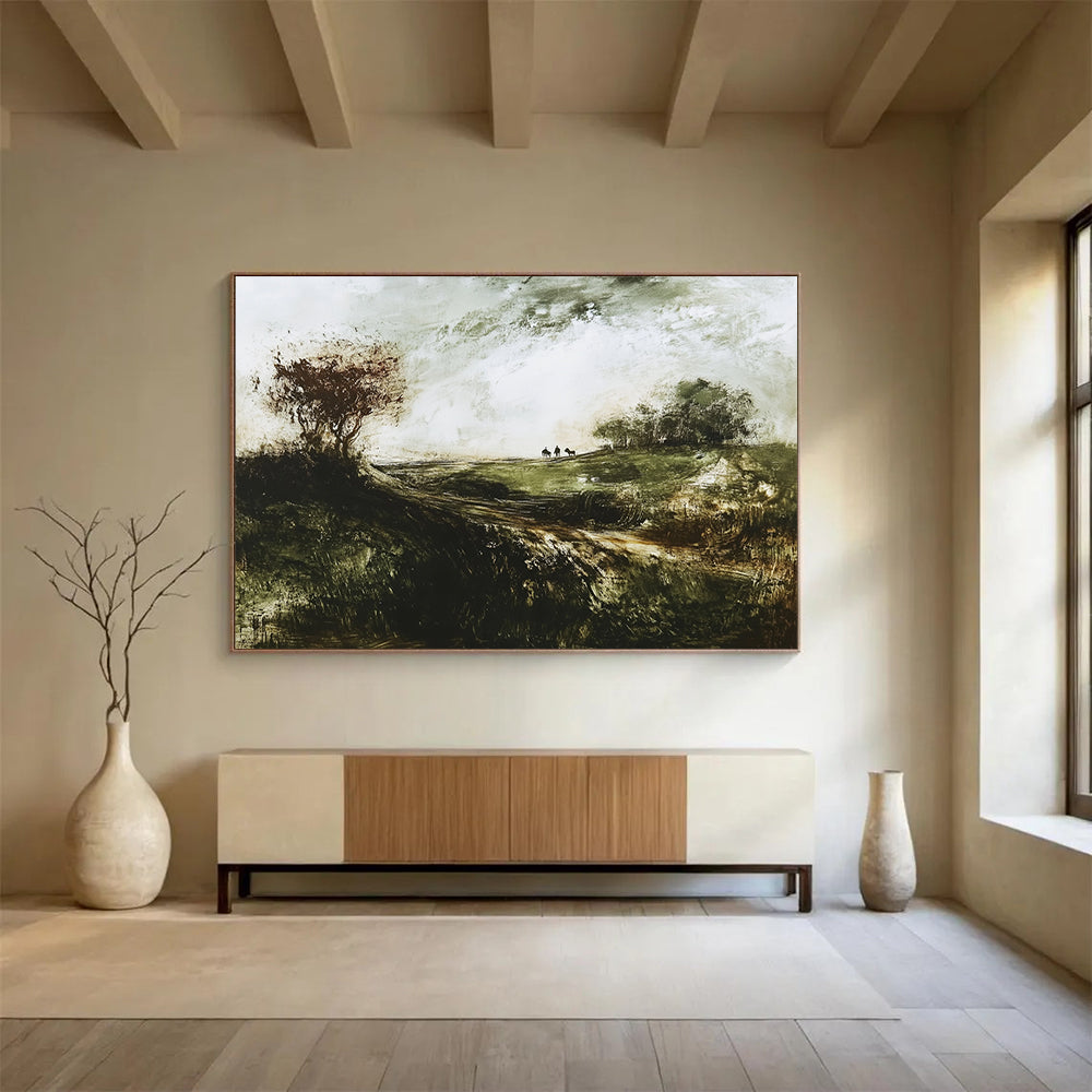 “Misty Moorland Ride” - Earthy greens, muted tones, Textural Landscape Painting On Canvas HB0568