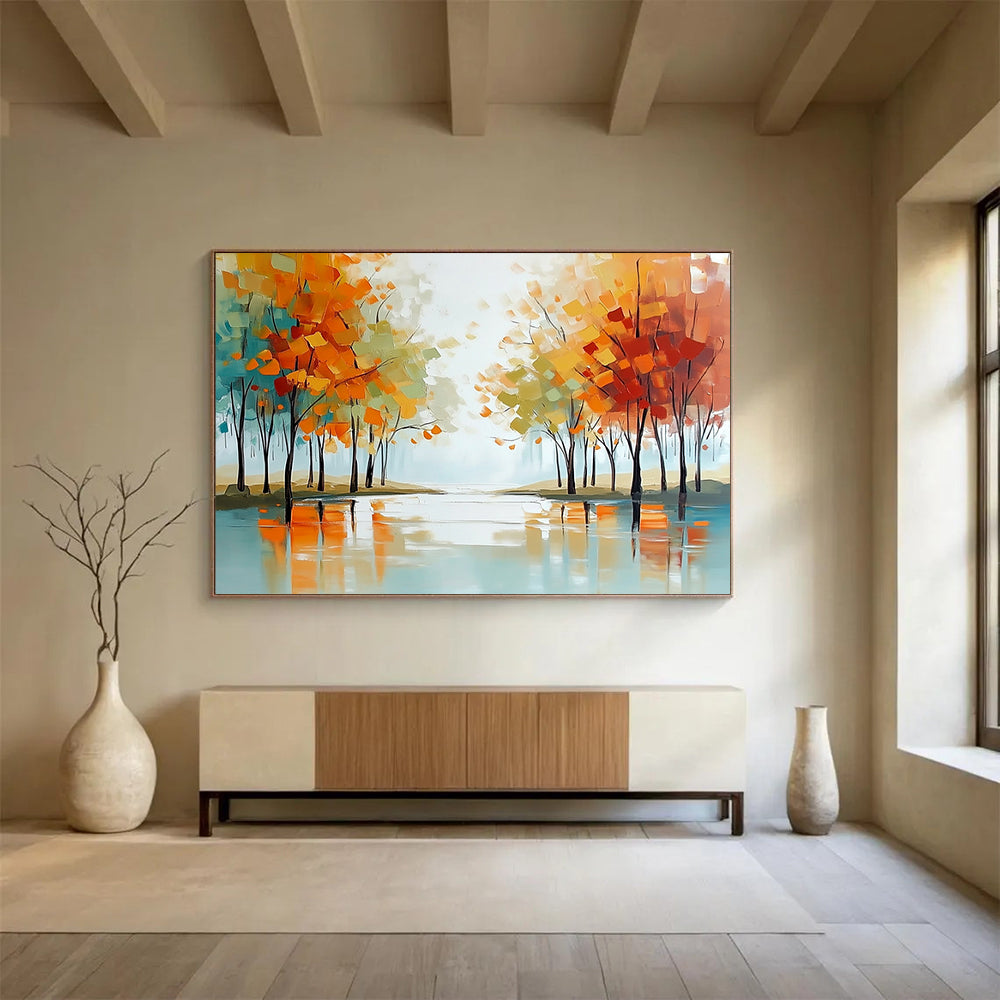 Abstract Autumn Trees Reflecting in Water - Modern Landscape Painting On Canvas HB0455