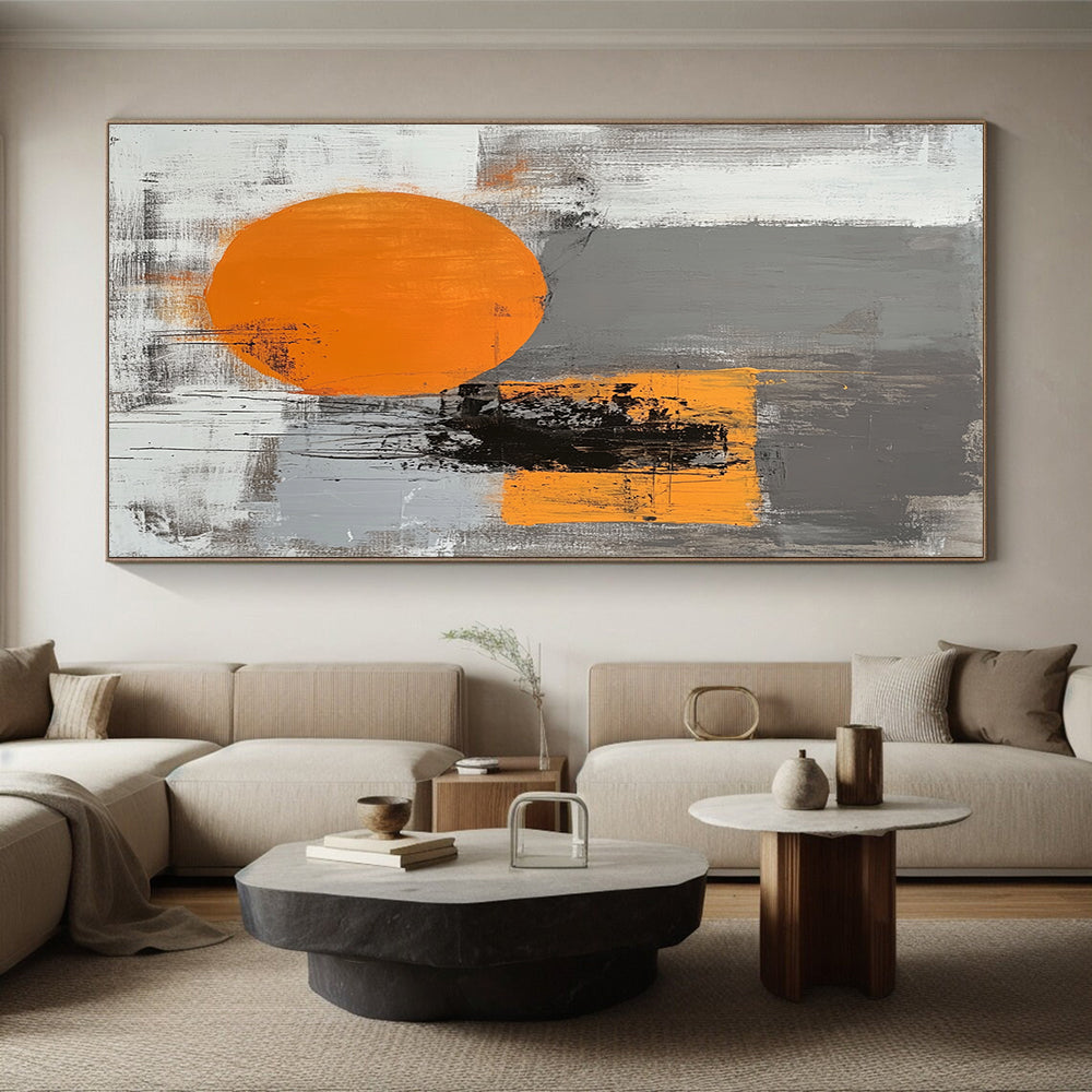 Gray, Black, Orange and White Minimalist Abstraction "Subtle Energy" Painting On Canvas HB337