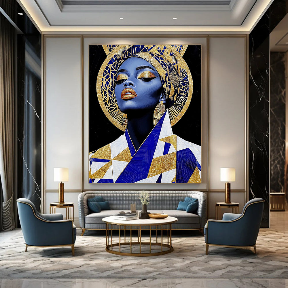 Contemporary abstract art featuring an African queen in gold leaf jewelry and geometric patterns, set against bold black shapes for added depth. DLZ1086